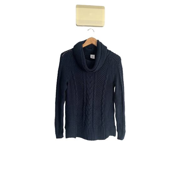 CAbi Cable Knit Cowl Turtleneck Sweater Fisherman Preppy Navy Blue Size XS 3168 - Picture 3 of 6